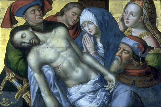 D’après Hugo van der Goes (vers 1420 – Soignies 1482), La Descente de croix, XVème siècle, huile sur bois, saisie révolutionnaire (saisie en 1731 à l’abbaye du Saint-Sépulchre de Cambrai, dans le cabinet de l’abbé), inv. P.50